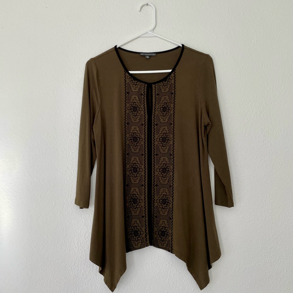Adrianna Papell Olive Top with Embroidered Black Accents